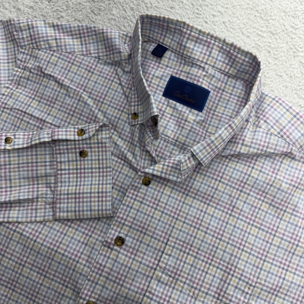 David Donahue Mens XL Plaid Button Down Shirt Blue Purple Long Sleeve Cotton